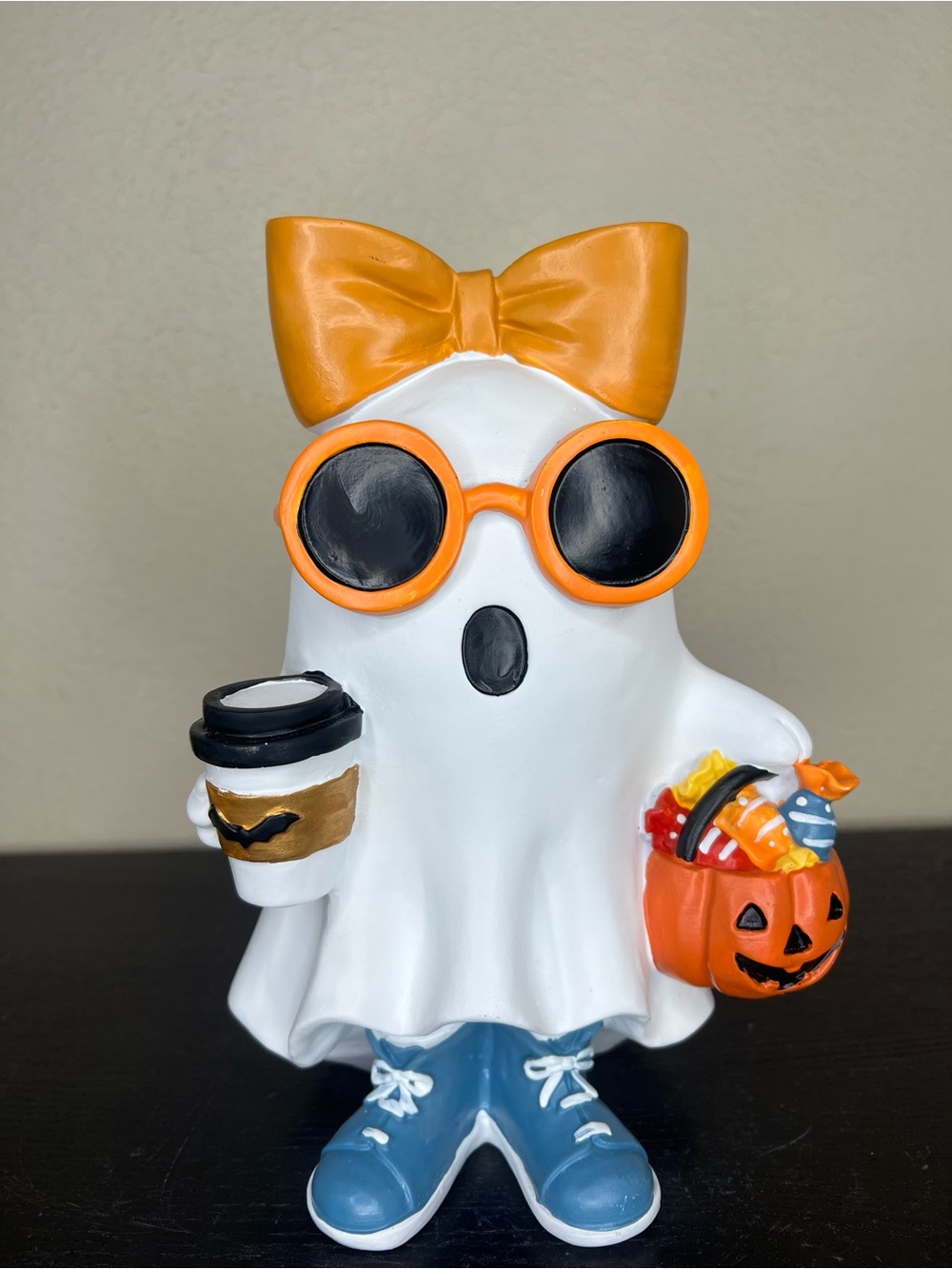 NEW 10” Halloween Ghost Girl with Orange Bow & Sunglasses with Coffee
